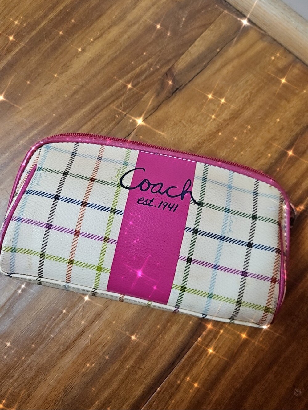 Coach Pink Stripe Plaid Zip Wallet